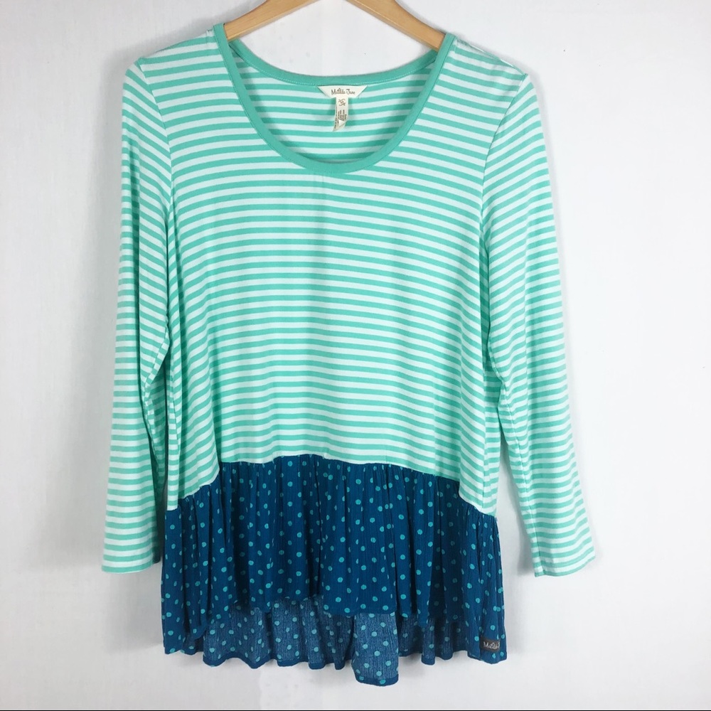 Matilda Jane Talk Tomorrow Striped Top | Green White Blue | Size Medium